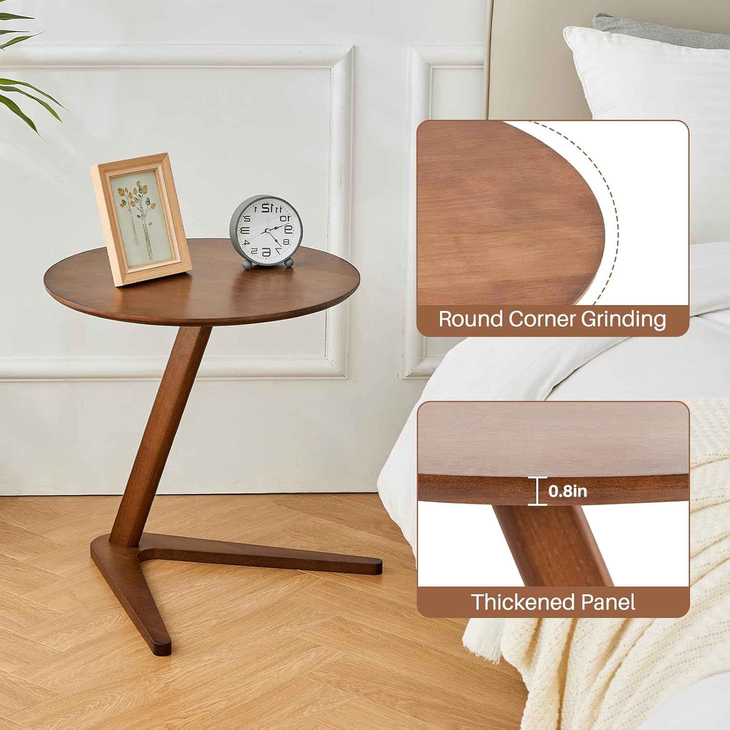Uniclinens C-Shaped Solid Wood Round End Table, Side Table for Couch, Sofa Tables Slide Under Couch for Living Room, Small Nightstand for Small Space, Walnut