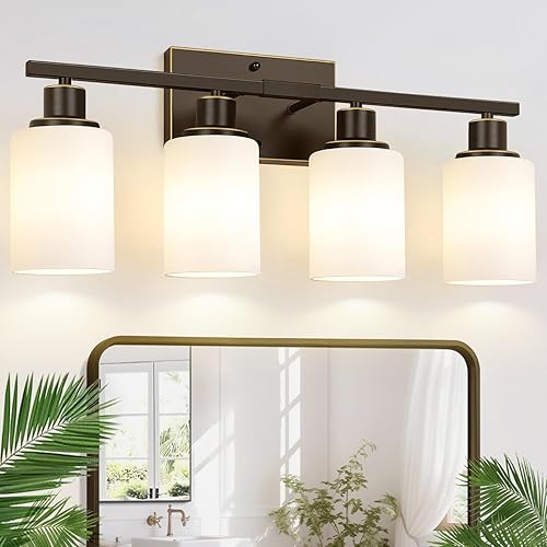 Miniatura 15 de Lámparas de baño de 4 luces, luces de tocador de níquel cepillado con pantallas de vidrio transparente, moderna lámpara de pared de baño para
