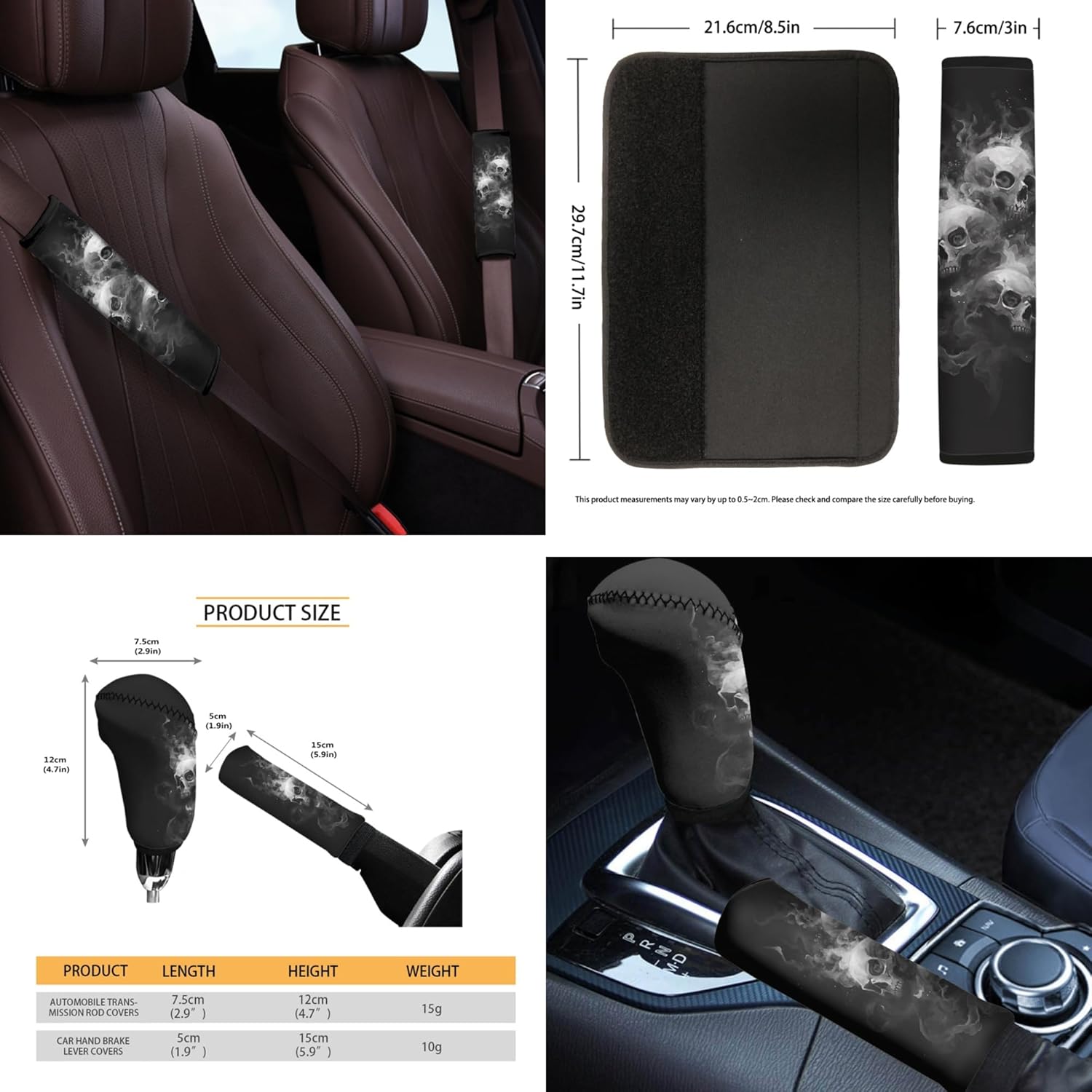 Gothic Skull Car Seat Cover Set 14 Pieces, with Steering Wheel Cover Seat Belt Cushion Pad Trash Bag Rearview Mirror Armrest Seat Box Cover Handbrake Cover Set Coasters Gifts for Men Women