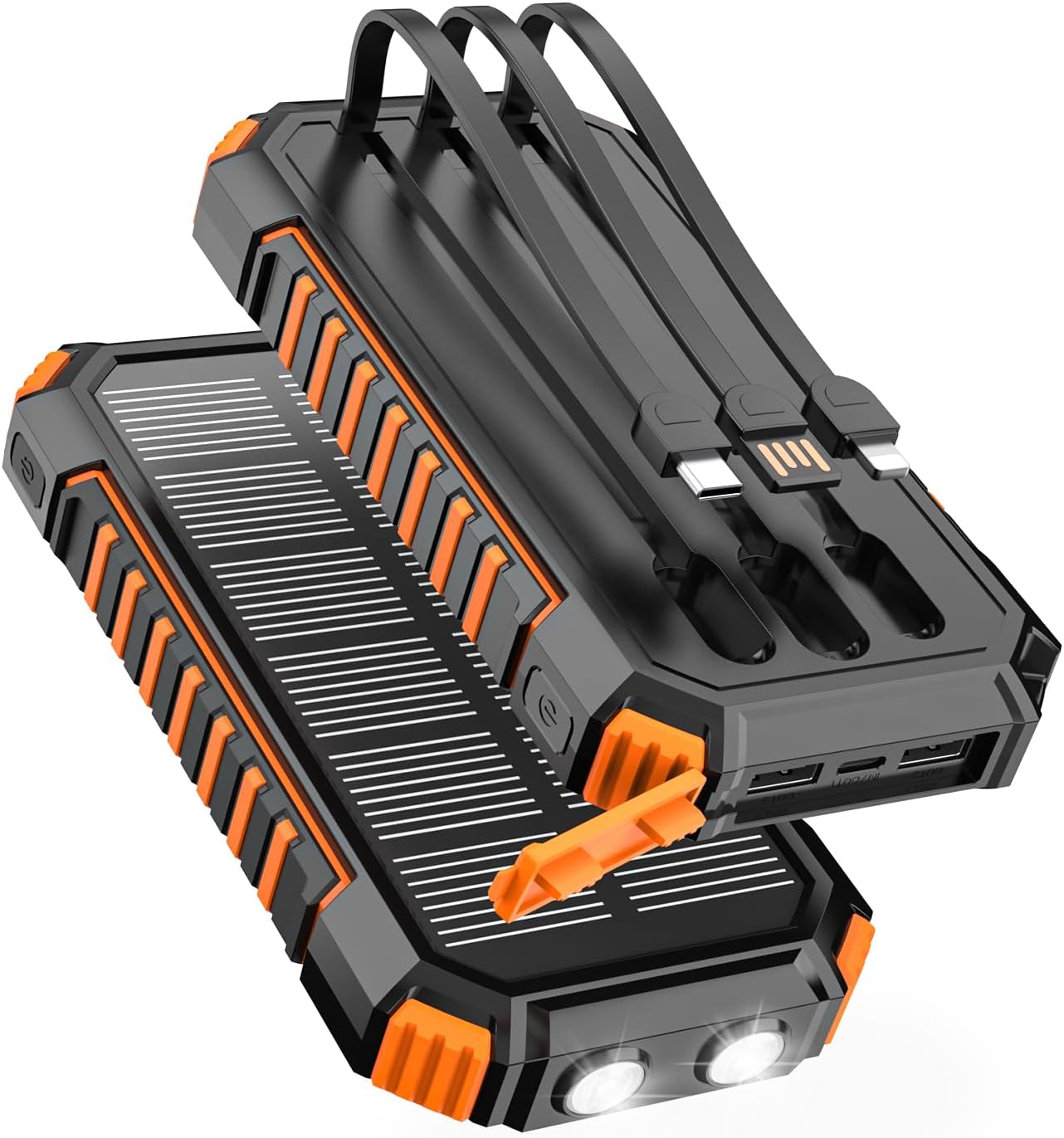 FEELLE Solar Charger for Outdoor: 27000mAh Power Bank with Built-in Cables - 15W Fast Charging Portable Charger with 2 Flashlights for iPhone Android -External Battery Pack for Camping Emergency