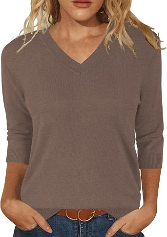 JomeDesign Womens Sweaters 3/4 Sleeve Pullover Tops V Neck Blouses Business Casual Fashion Clothes