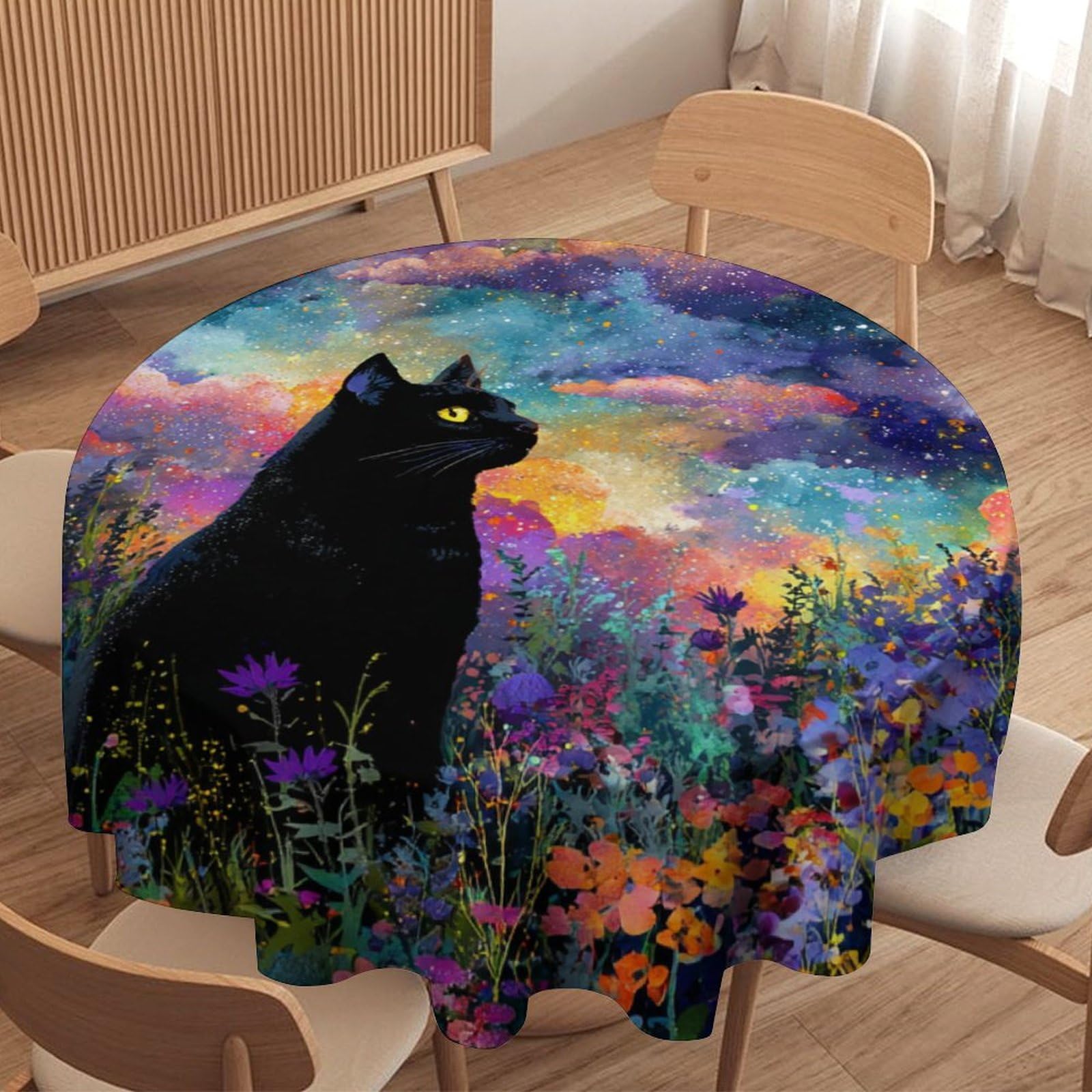 LUYYSKY Fantasy Cute Black Cat Round Tablecloth Beautiful Abstract Sunset Botanical Plant Daisies Flowers Animal Kitte Washable Decor for Table Cover for Kitchen-152.4" Wx152.4 L cm