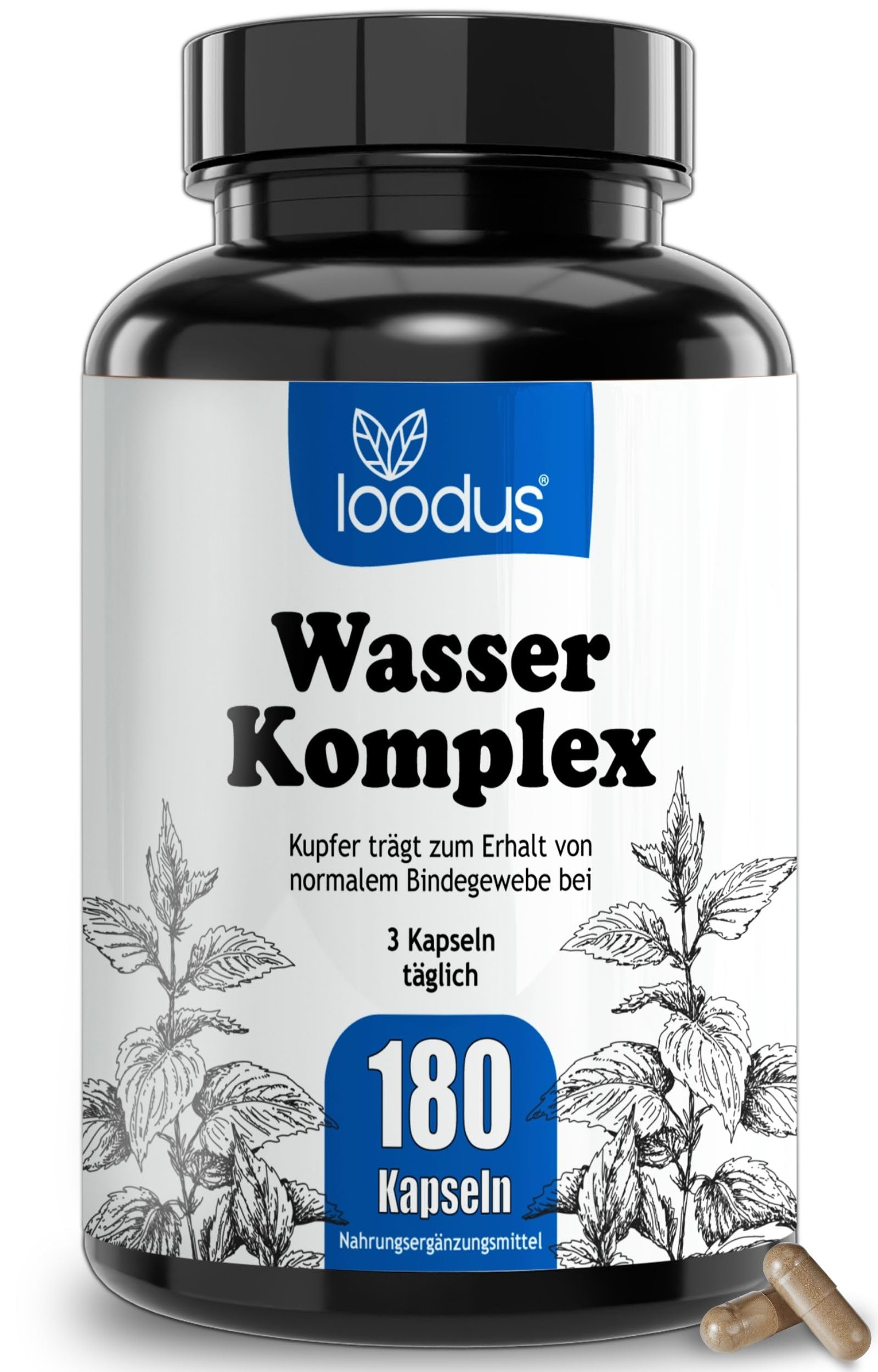 Wasser Komplex - 180 Brennnessel Extrakt Kapseln mit Petersilie Wacholderbeeren Löwenzahn Magnesium sowie Kupfer für das normale Bindegewebe - ohne chemische Entwässerungstabletten stark von loodus®
