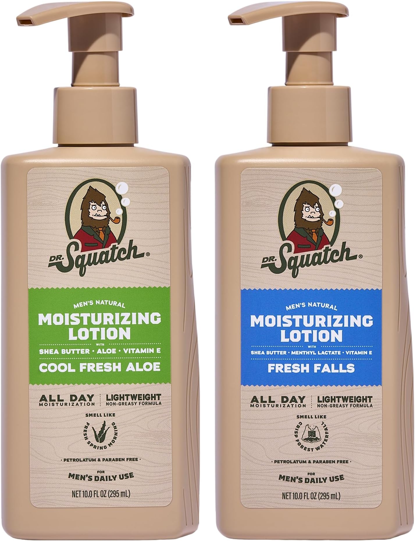 Dr. Squatch Natural Hand and Body Lotion for Men - Made with Shea Butter, Coconut Oil, Vitamin E for 24-Hr Moisturization - Cool Fresh Aloe & Fresh Falls (10 fl oz, 2-Pack)