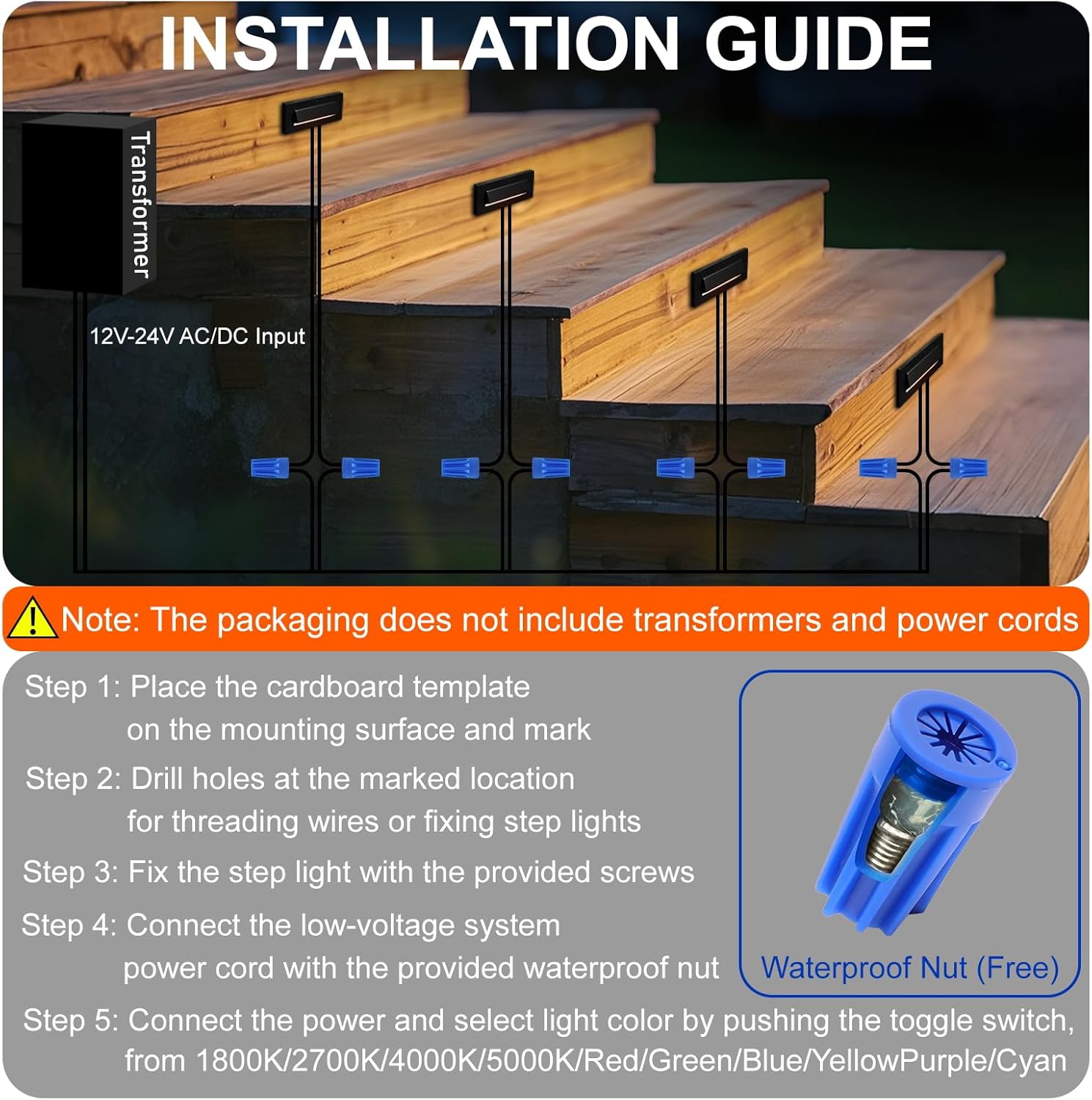 Outdoor Step Lights, 5W 12V Landscape LED RGB Color Changing Outdoor Low Voltage Deck Step Stair Lights Wired for Railing Fence Retaining Wall Christmas Decorations, Heavy Duty, Black, 6PK