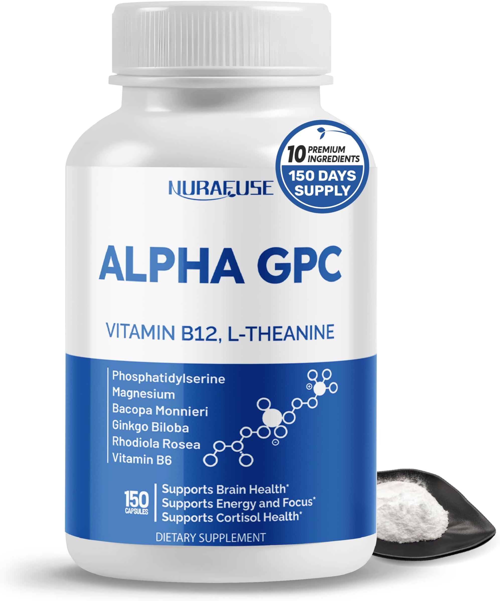 High Potency Alpha GPC with Vitamin B12, L-Theanine, Phosphatidylserine, Magnesium, Bacopa Monnieri, Ginkgo Biloba – Supports Brain Health, Energy & Focus