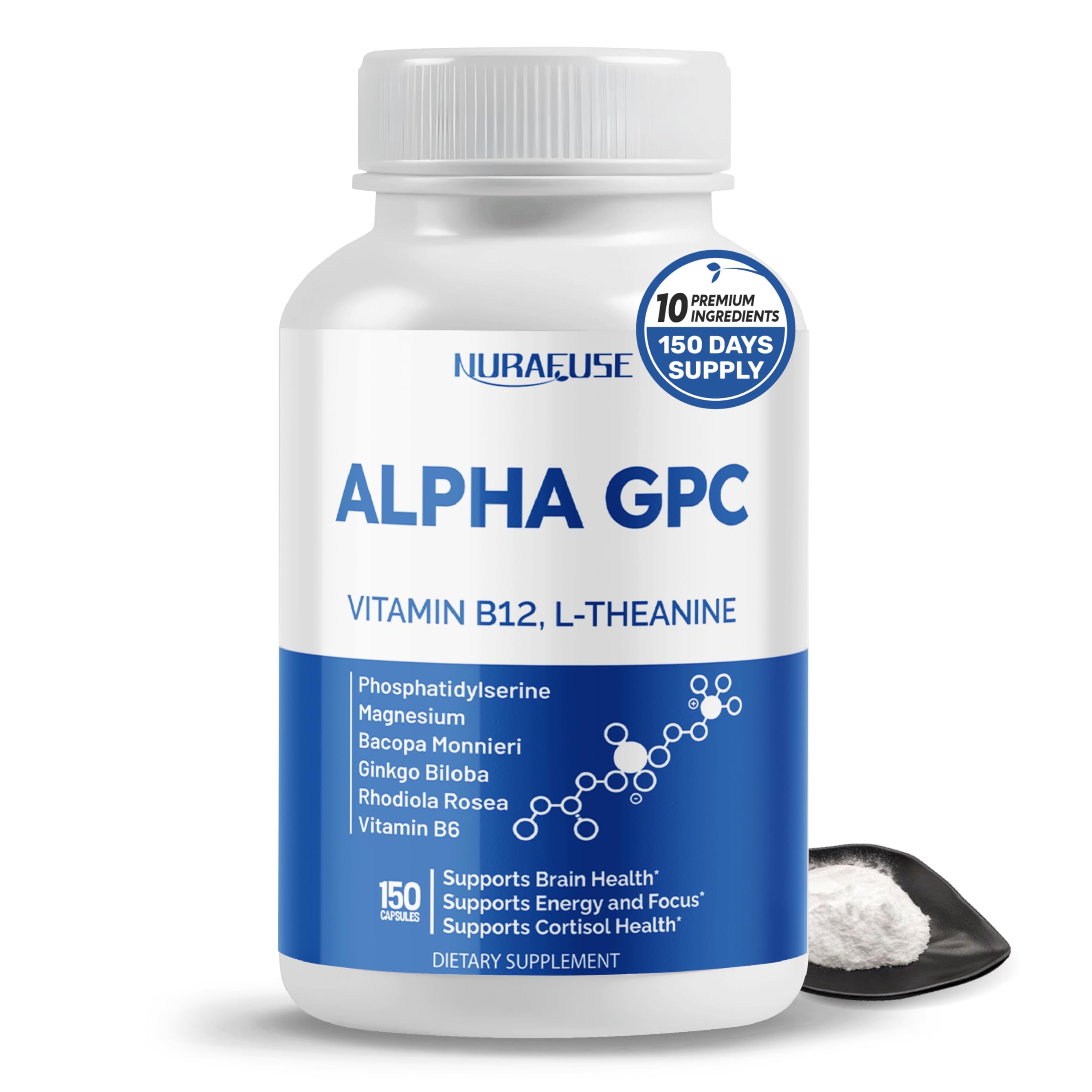 High Potency Alpha GPC with Vitamin B12, L-Theanine, Phosphatidylserine, Magnesium, Bacopa Monnieri, Ginkgo Biloba – Supports Brain Health, Energy & Focus – Made in The USA