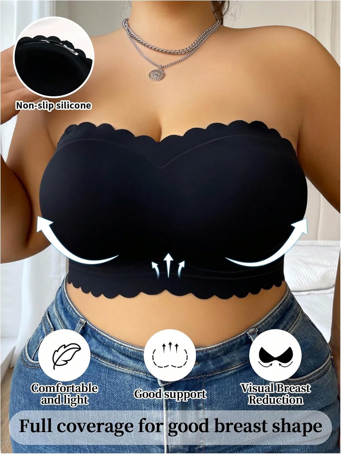 OYOANGLE Women's Plus Size Strapless Bra Scallop Trim Non Slip Push Up Tube Top Bras with Clear Straps - Image 4