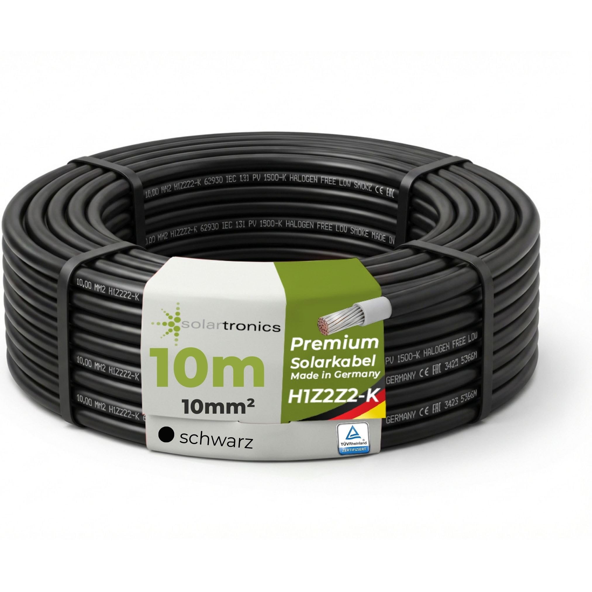 SOLARTRONICS Solarkabel 10mm² 10m Schwarz, H1Z2Z2-K, flexibel, erdverlegbar, PV-Kabel für Photovoltaikanlage, TÜV Reinland, Made in Germany