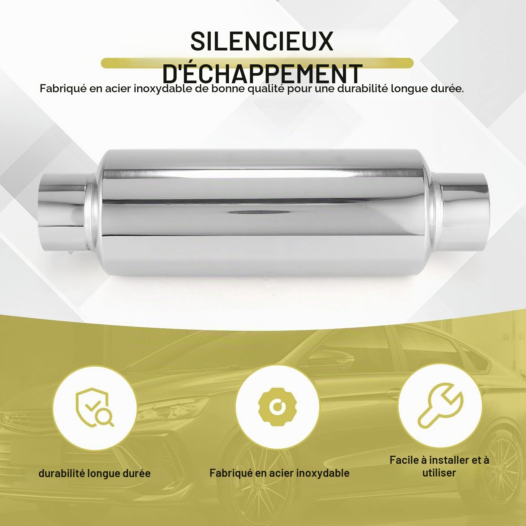 Jevina Silencieux d'échappement de voiture 2,5 entrée en acier inoxydable universel Résonateur 12 silencieux longue puissance