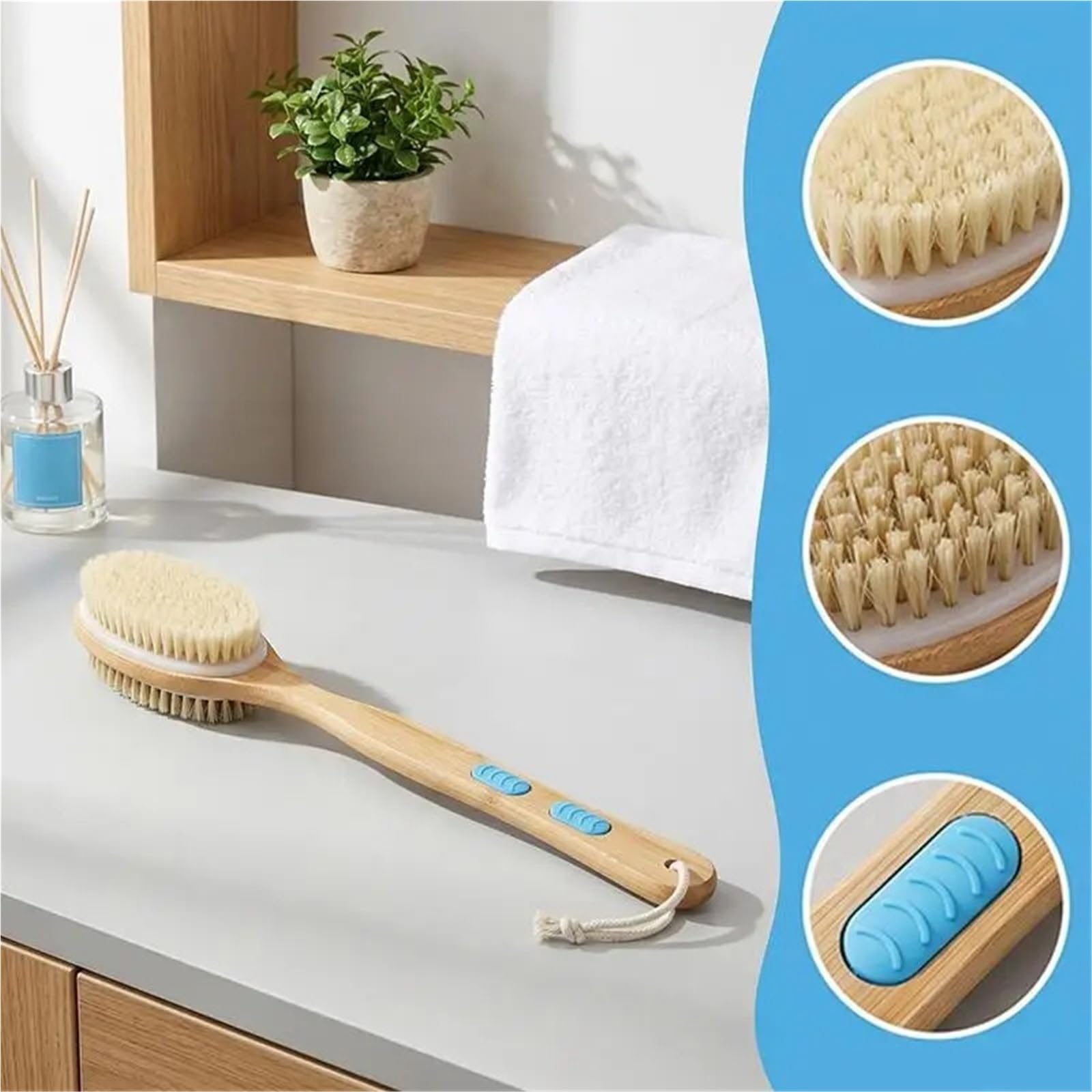 Depurador de espalda con cepillo baño mango madera largo