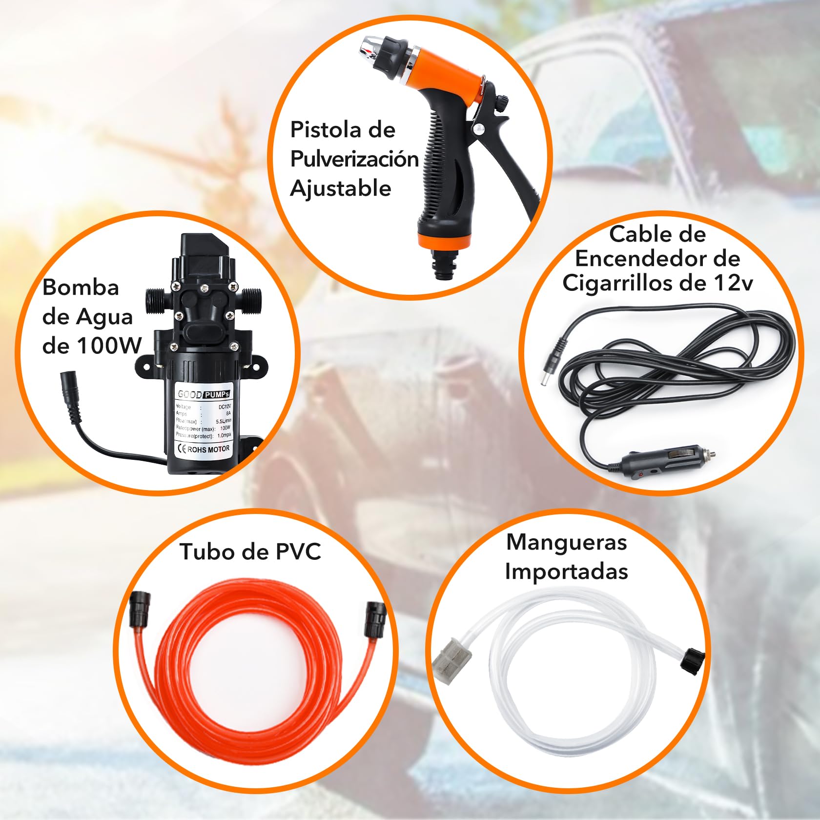 CarBole Bomba de Lavado de Coche de Alta Presión de 100W 160PSI,Pompa Acqua DC12V,Kit de Lavado Portátil,Adecuado para el Lavado de Vehículos y Mascotas,Jardinería,Camping,Limpieza