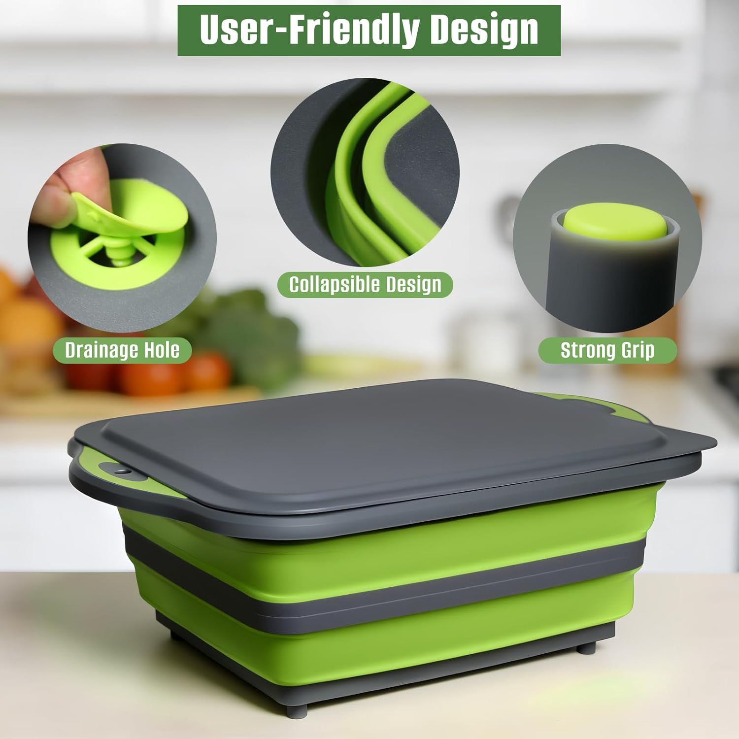 Collapsible BBQ Prep Tub with Lid, 3-IN-1 Foldable Camping Sink Tub with Colander, BPA-Free Storage Blanket, Food Grade Portable Cutting Board for Picnic BBQ Traveling, Kitchen