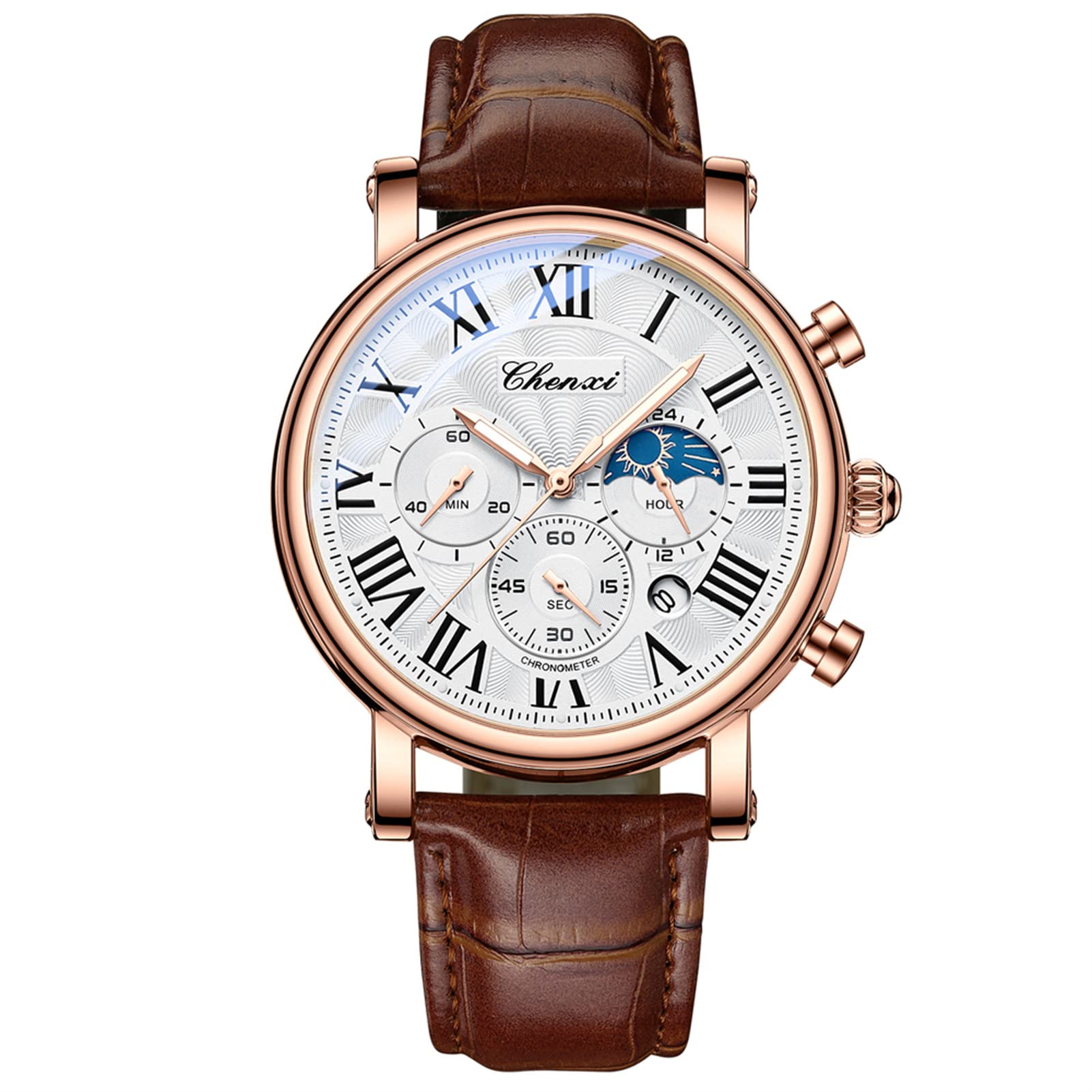 FORSINING Orologio Da Uomo Cronografo Con Fasi Lunari - Quadrante Analogico Al Quarzo 44mm Cinturino In Pelle Vera, Impermeabile E Luminoso - 3