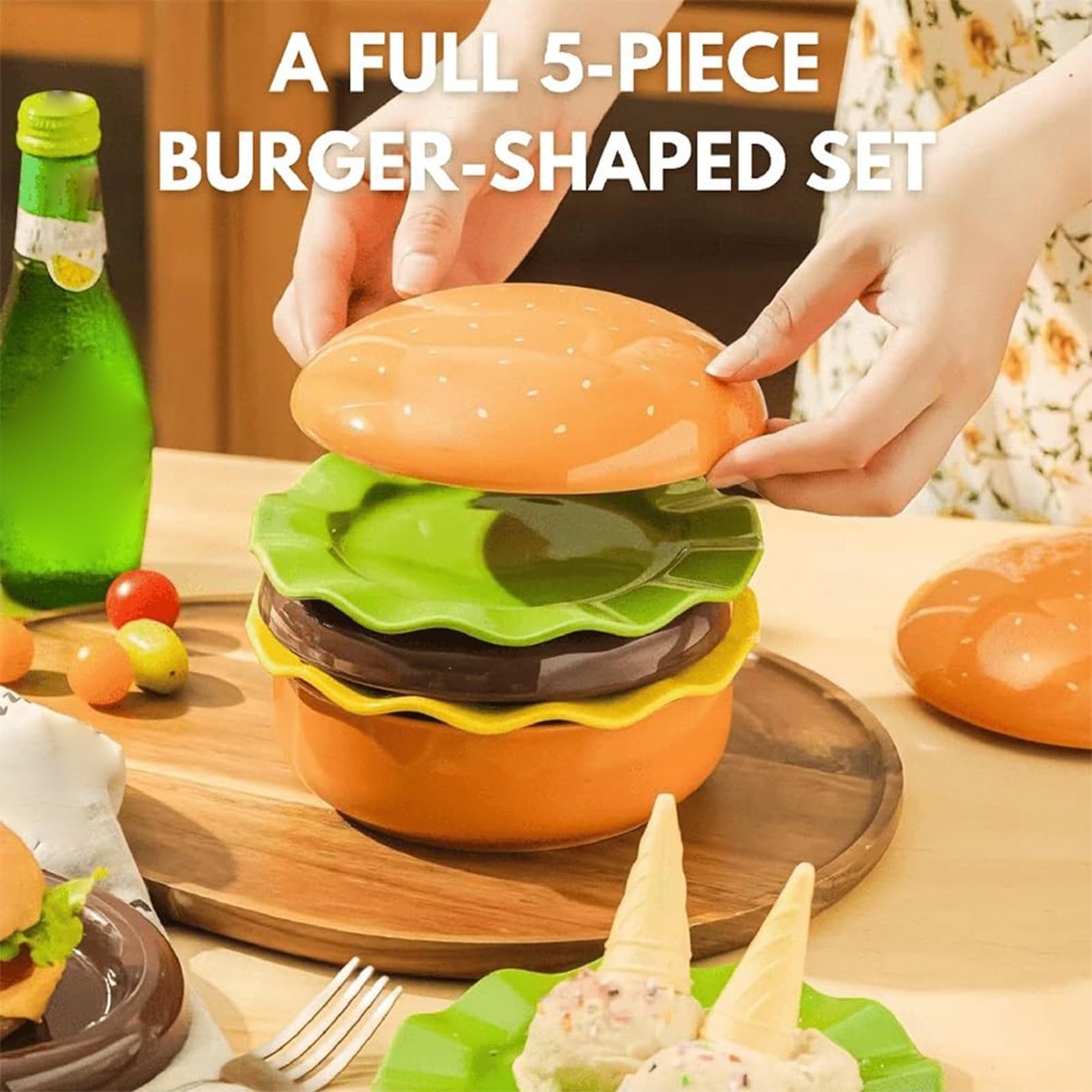 Płyty do burgerów do układania w stosy, ceramiczne naczynia do układania w stosy, zestaw słodkich naczyń do serwowania | Do domu, kuchni, kempingu, pikniku, imprezy, wakacji, urodzin, posiłku,