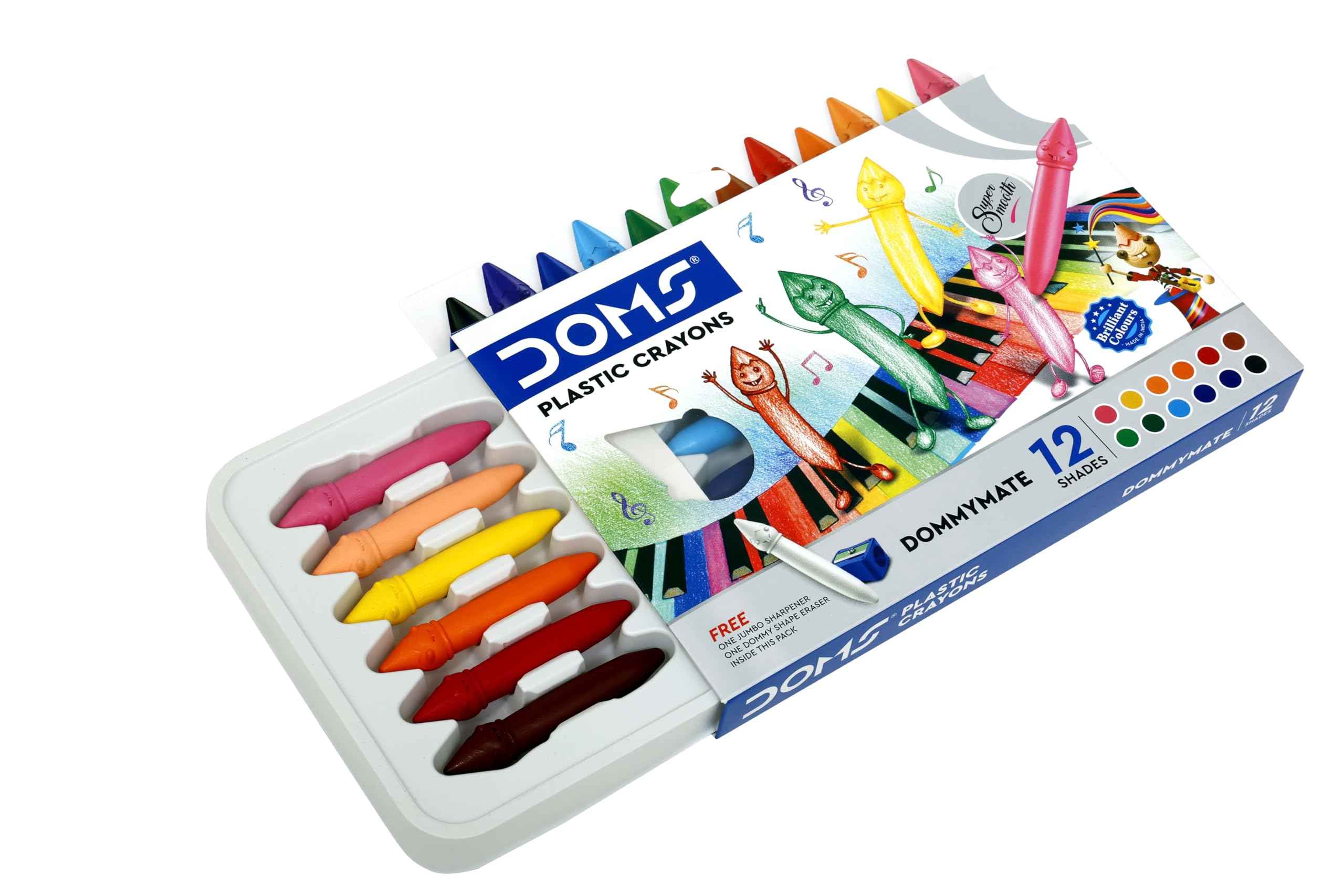 Doms 12 Shades Dommymate Plastic Crayons | Can Be Erased & Sharped | Keep Fingers Clean & Non Messy | Free Sharpner & Eraser Inside | Bright & Vibrant Colors | Pack of 1