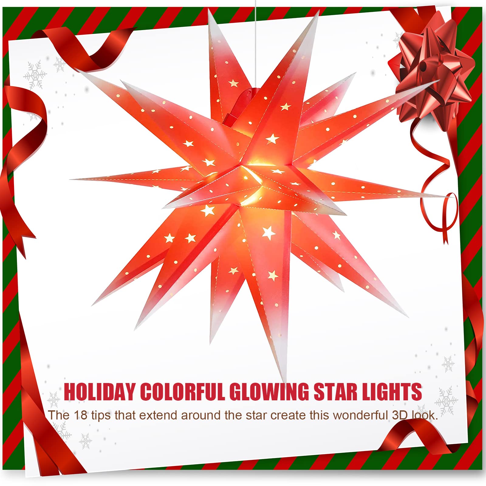 Puntale per albero di Natale, lanterna a stella in PVC da 45 cm, stringa di luci a forma di stella a 18 punte con lampadina, decorazione a forma di ciondolo appeso a forma di stella scavata per intern