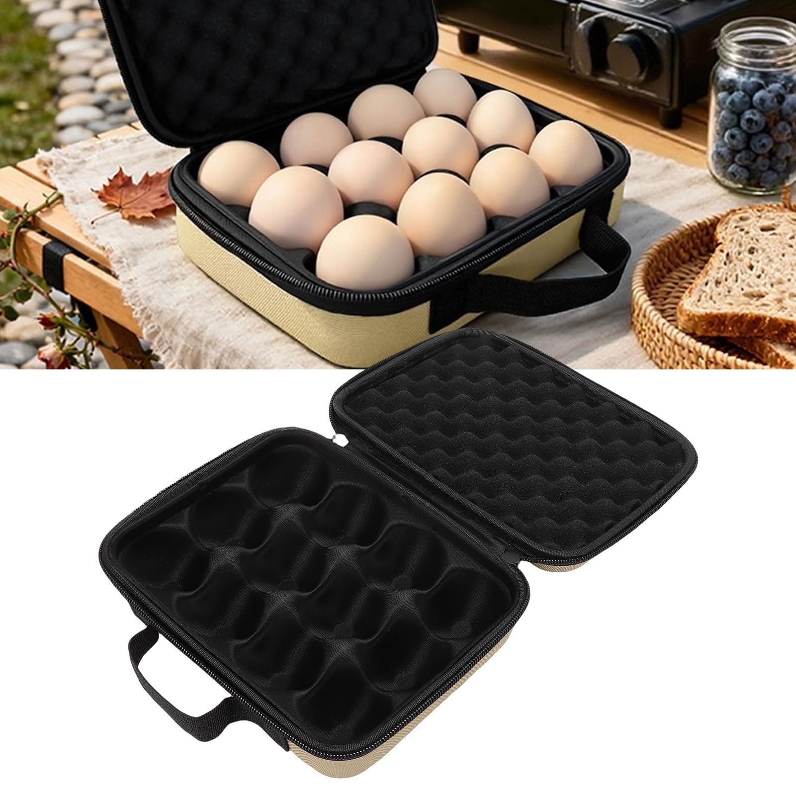 Contenitore per Uova da Esterno con 12 Griglie, Portauova Portatile Antiurto con Borsa con Cerniera e Slot Dedicati, per Campeggio, Picnic, Viaggi, Uso Domestico