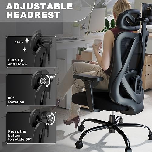 Miniatura 6 de Silla de oficina ergonómica con soporte lumbar ajustable, sillas de escritorio de malla de respaldo alto con reposacabezas y reposabrazos 3D, ruedas