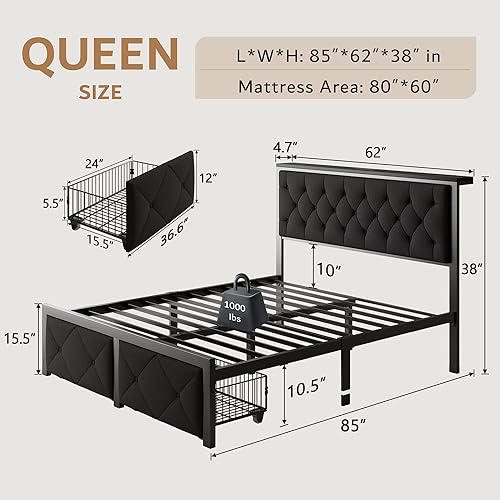 Miniatura 2 de iPormis - Base de cama Queen con 2 cajones de almacenamiento, base de cama tapizada en lino con cabecera y plataforma con estación de carga, no