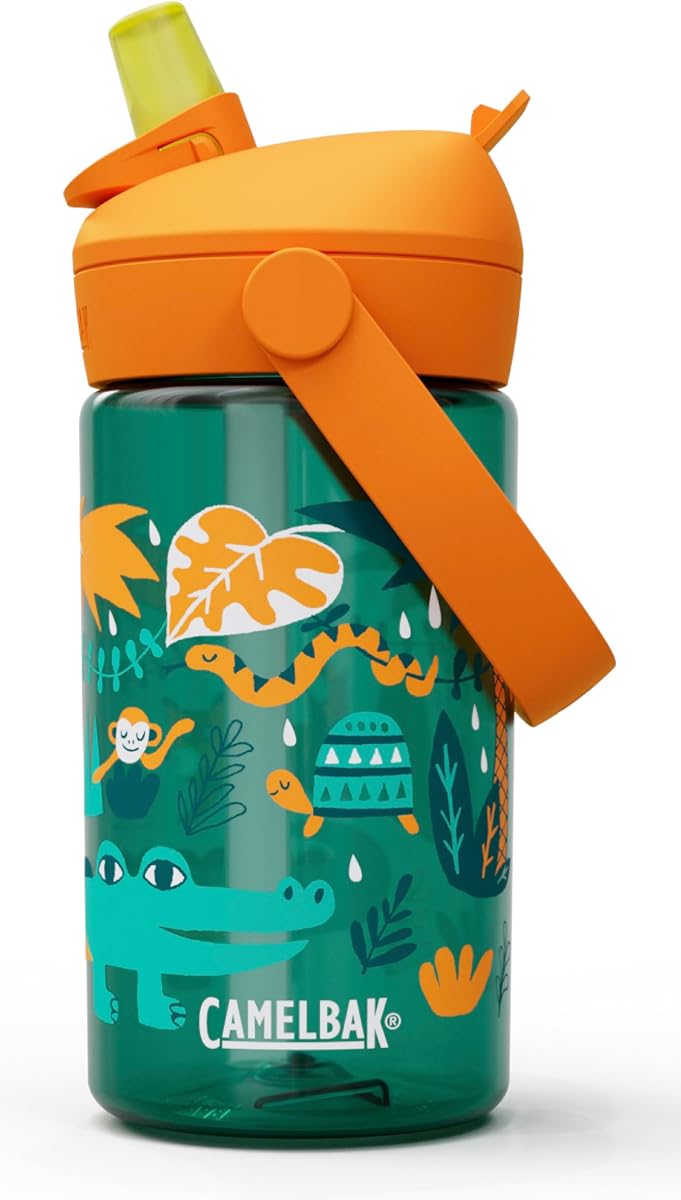 Thrive Flip Straw Kids Water Bottle with Bite Valve, Tritan Renew Design for School and Travel, 14oz, Jungle Animals