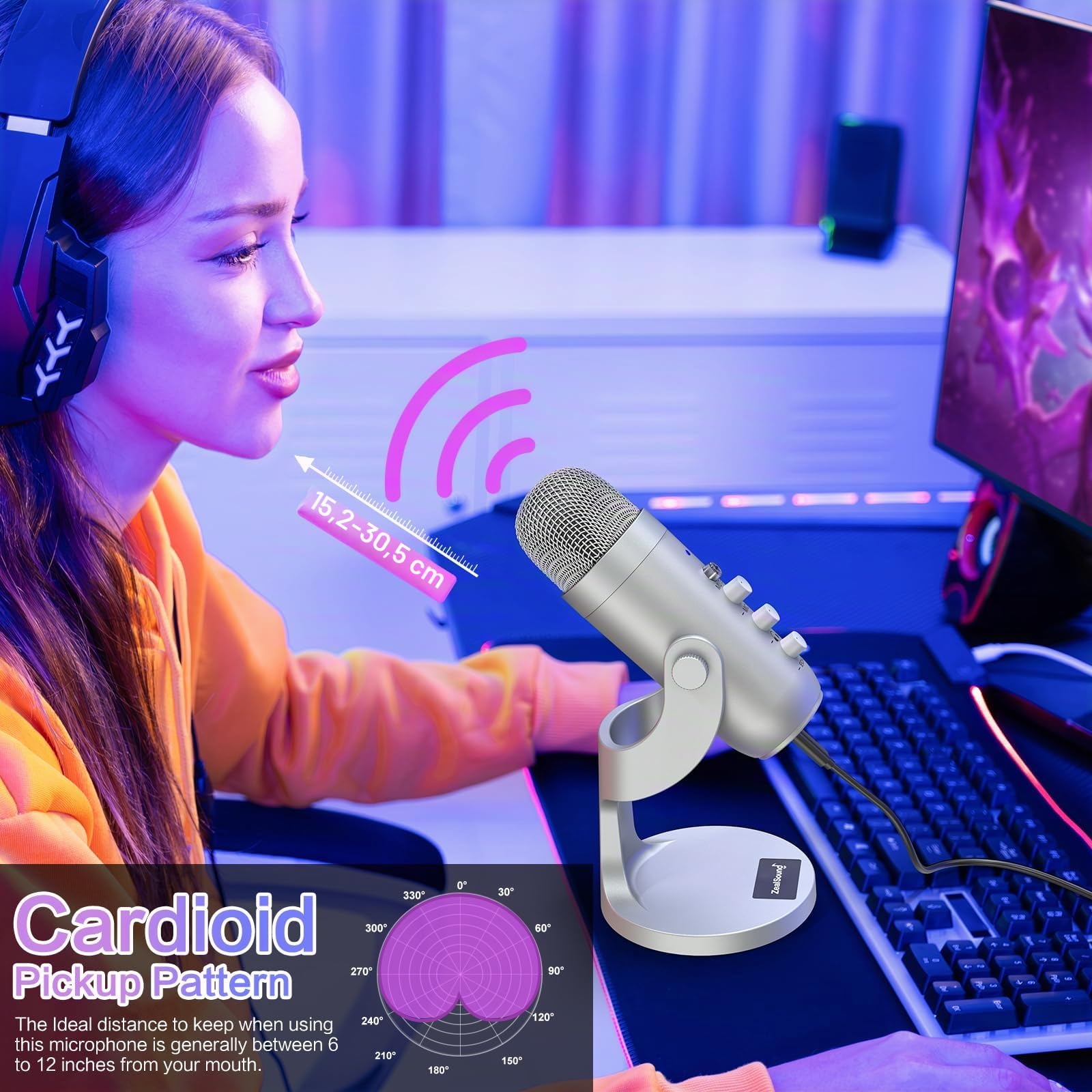 zealsound Microfono USB k66 Argento Podcast Microfono per PC Cellulare PS4&5, con Cancelling/Mute/Echo/Volume Knof, per gaming, registrazioni, streaming, Youtuber, compatibile con Mac, Winows