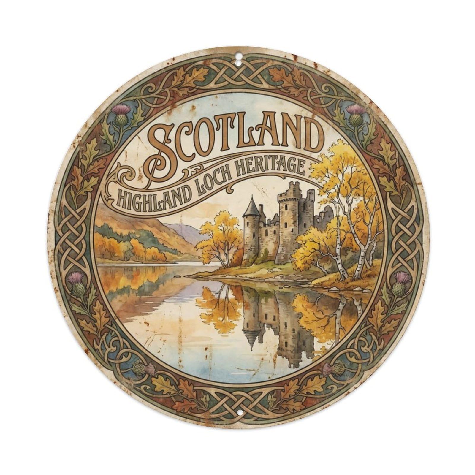 Vintage Travel Scotland Highland Loch Castle Metal Tin Sign Plaque Wall Decor for Cafe, Club Bar, Office, Home Garden Round Metal Poster 8x8Inch
