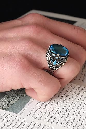 Miniatura 4 de BayVog 925 Sterling Silver Blue Topaz Gemstone Men's Silver Ring, Handmade Engraved Man Silver Ring gifts for men handmade rings valentines day