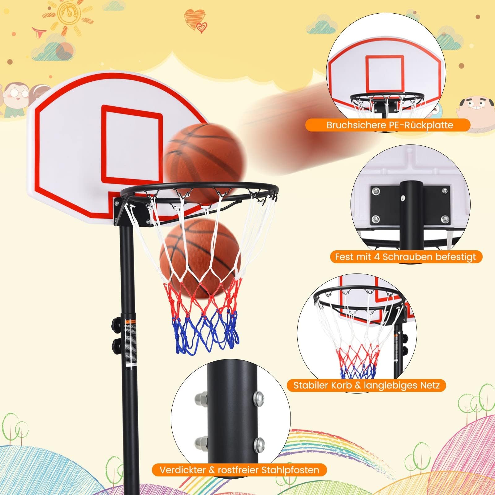 FANTASK Canasta de Baloncesto con Soporte y 2 Ruedas, Altura Regulable de 178 a 208 cm, para niños y Adolescentes