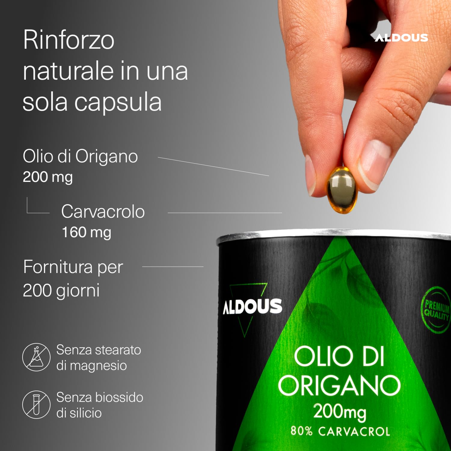 Olio di Origano - 200 Capsule, 160mg di Carvacrol - Olio Essenziale di Origano - Olio di Oliva - Integratore Sistema Immunitario e Digestivo - Antiossidante - 80% Carvacrolo - Oil of Oregano - ALDOUS