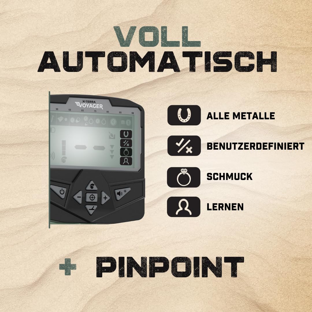 Minelab X-Terra Voyager - All-Terrain Profi-Metalldetektor für Erwachsene mit wasserdichter Suchspule, 4 Modi, klarer Ziel-ID, Kopfhörern, Rucksack und Schaufel - (Forrest, Grün)