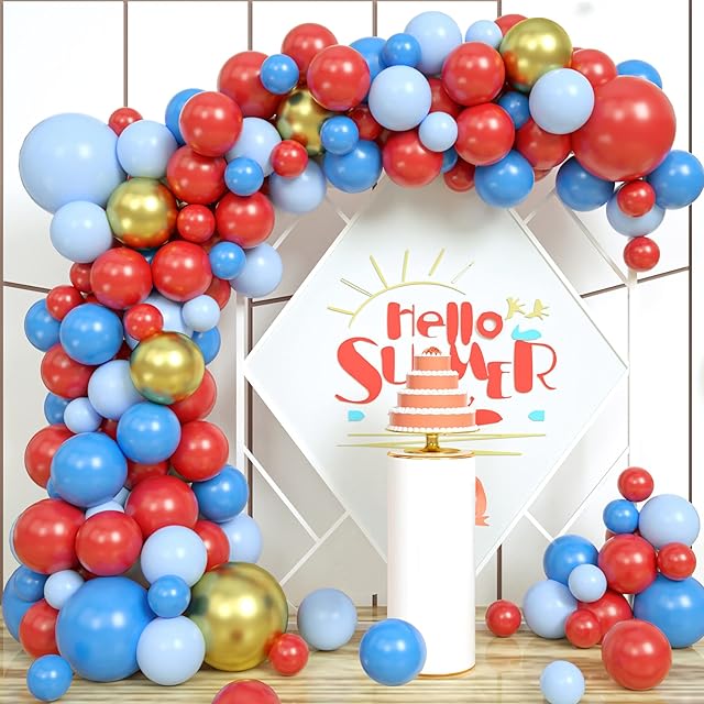 Red Blue Balloon Arch Garland Kit, 96pcs Balloons Light Blue Latex Balloons for Boy Girl Baby Shower Party Kids Birthday Children's Day Queens Platinum Jubilee 2022 Decorations