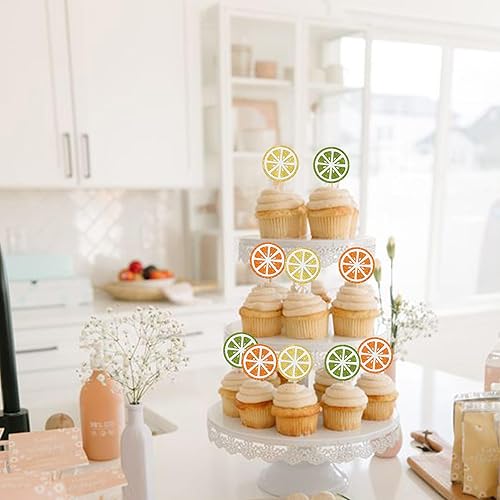 Miniatura 6 de Rsstarxi Paquete de 24 adornos de limón para cupcakes, decoraciones de fiesta de limón con purpurina de verano con temática de limonada para