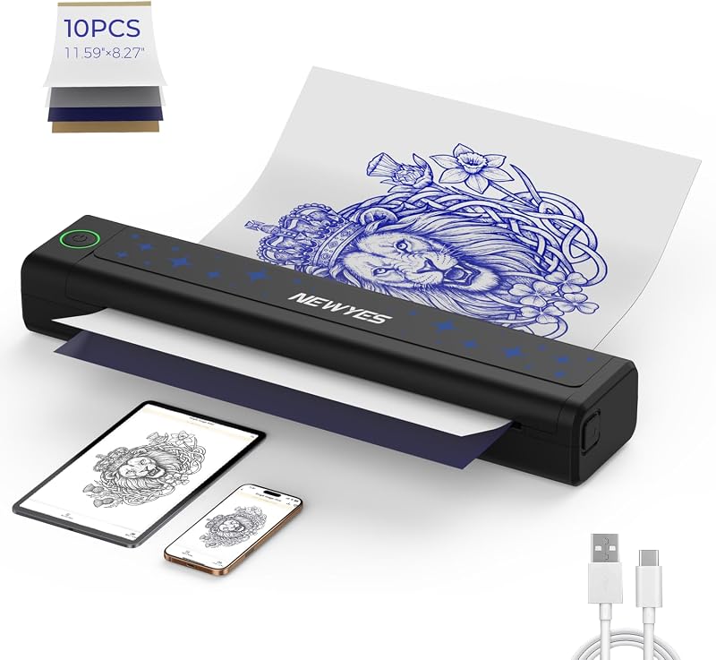 NEWYES Impressora térmica sem fio portátil para stencil de tatuagem com kit