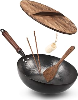 BIELMEIER 12.5" Carbon Steel Wok Pan with Lid, Spatula & Accessories - Flat Bottom, All Stoves, Rust-Resistant Nitriding