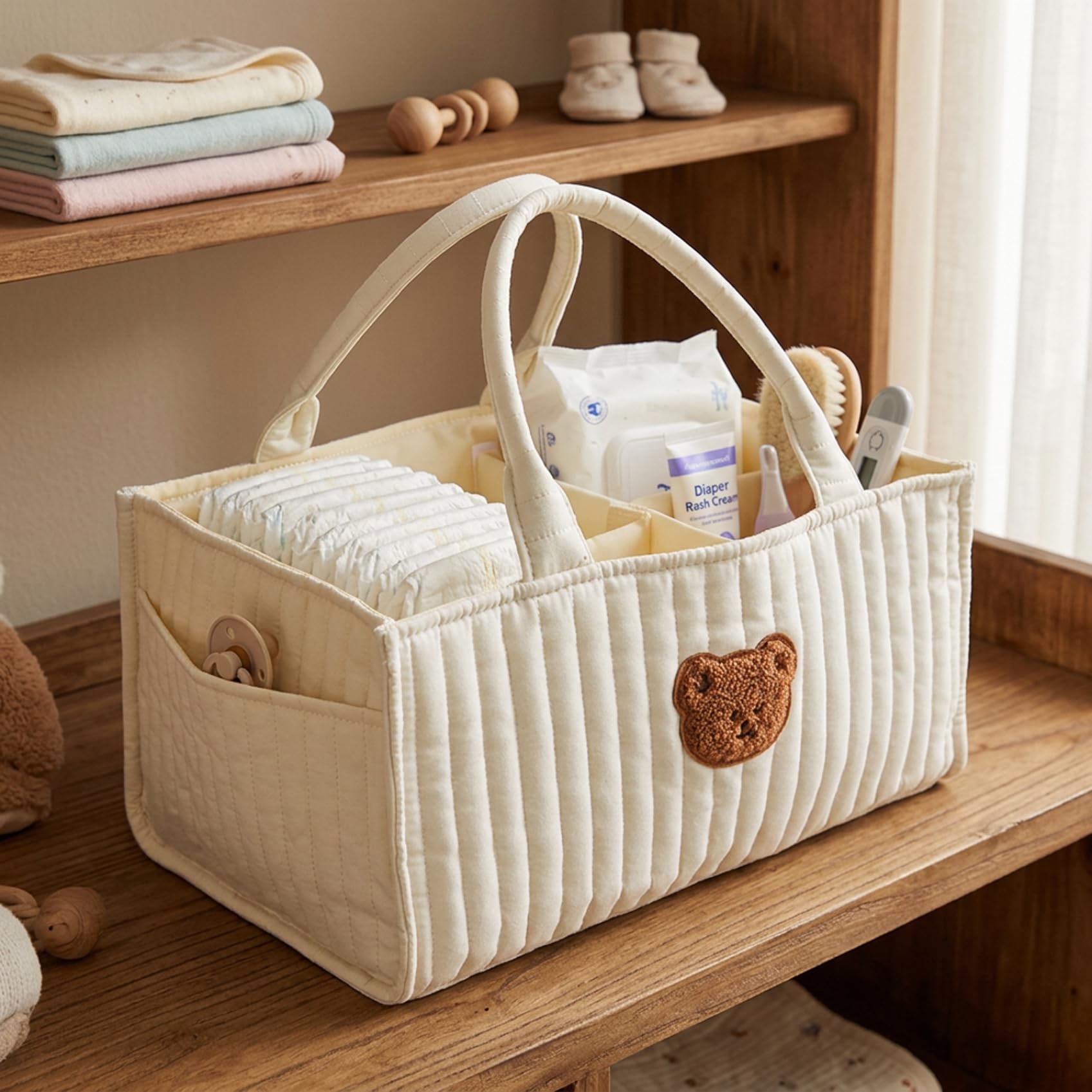 Cesta para pañales, cesta acolchada portátil con divisores extraíbles y asas para guardería, de almacenamiento para pañales, toallitas, juguetes, artículos esenciales para bebé, blanco, bolsa d