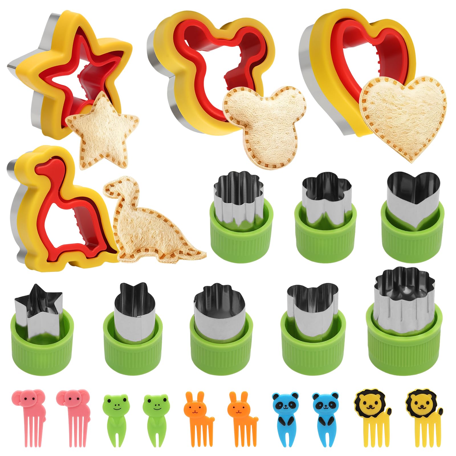 Sandwich Cutters for Children, 22 Pack Cookie Cutters for Kids, Cute Bento Lunch Box Mold Supplies, Stainless Steel Vegetable Fruit Shape Cutter with 10 Fruit Animal Picks for Kid Baking Tools