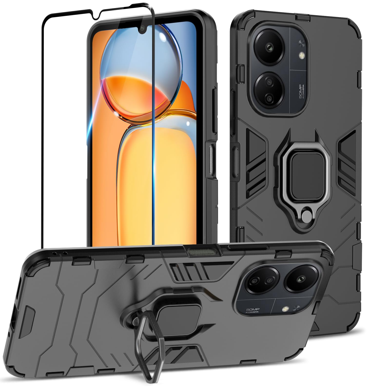 Funda para Samsung Galaxy A13 4G con Cristal Templado Protector Pantalla, Carcasa Antigolpes con Soporte anular metálico, Case Protectora de Grado Militar, Negro — view 91