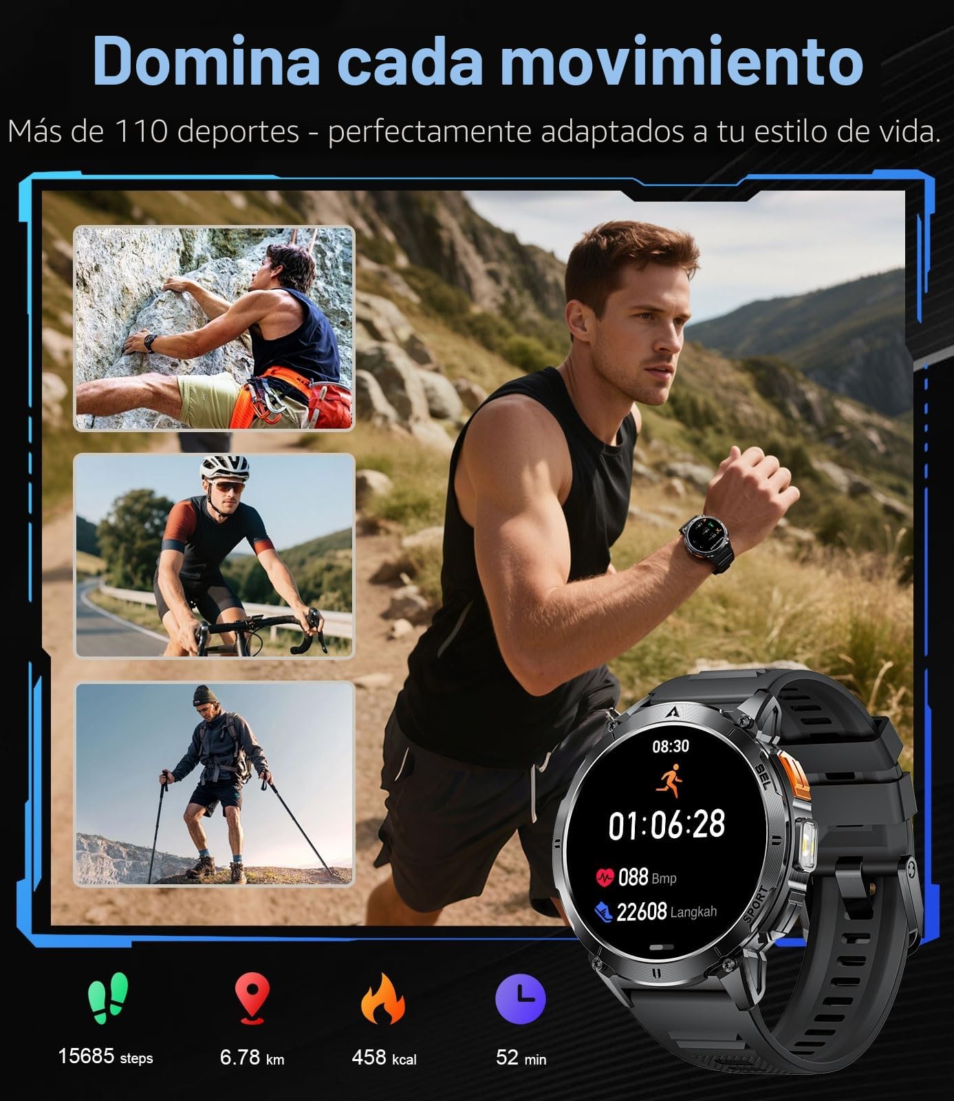LIGE Reloj Inteligente Hombre con Luz LED, 730mAh Smartwatch 3ATM Resistente al Agua, 1,62'' AMOLED Fitness Watch con 119 Modos de Deporte, Monitor de Ritmo Cardíaco/Sueño para iOS Android, 2 Cables