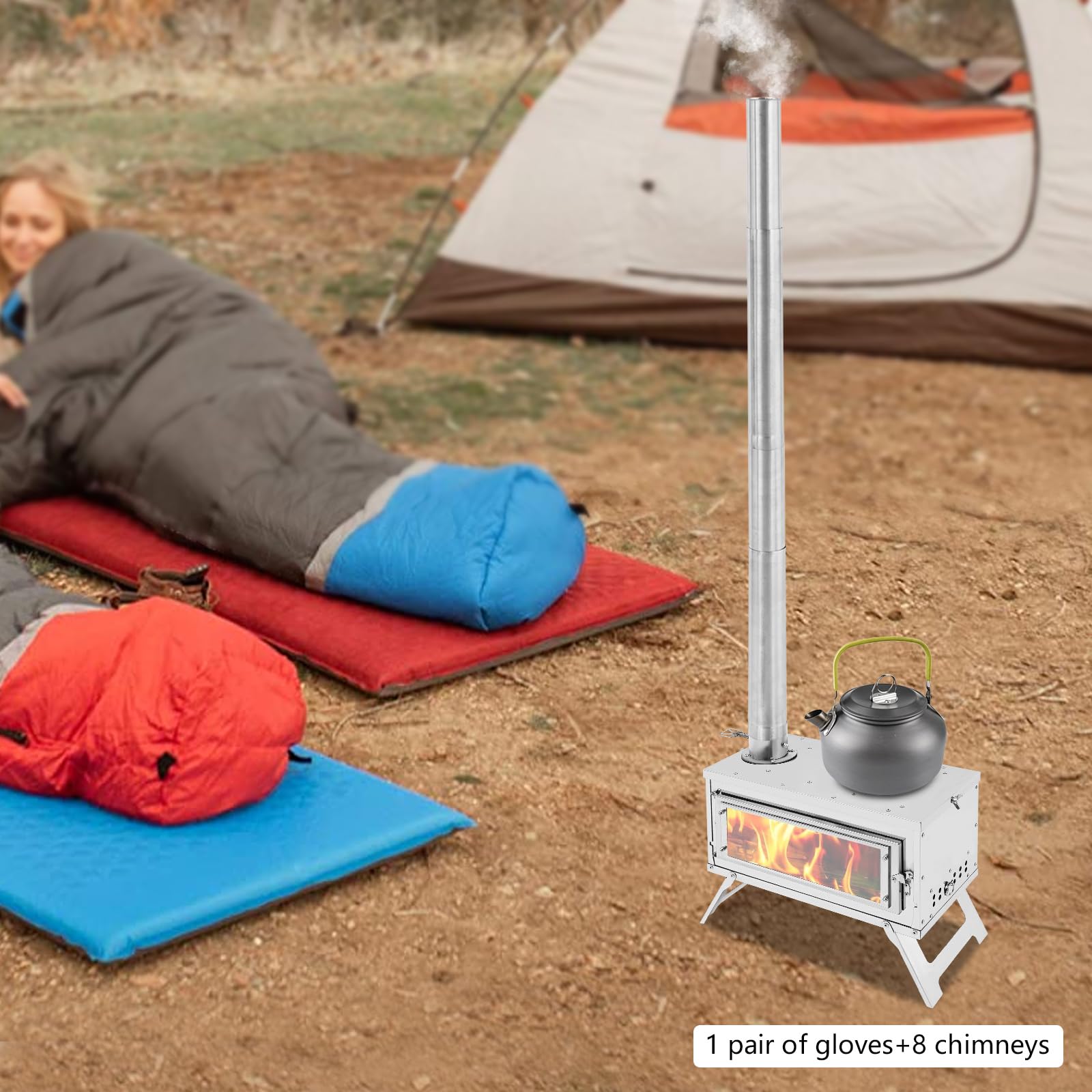 Estufa de camping con 8 chimeneas, estufa de leña de acero inoxidable para tienda de campaña, estufa portátil de tienda de campaña para exteriores, camping, cocina, barbacoa, senderismo, pesca, caza