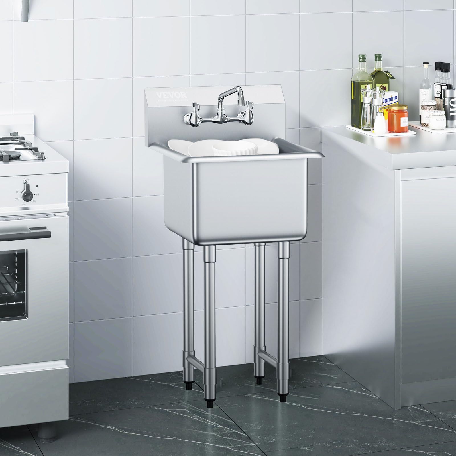VEVOR Fregadero de Acero Inoxidable, Fregadero de Pedestal Pequeño de 1 Seno, 38x38 cm con Grifo y Patas, Fregadero Comercial para Garaje, Restaurante, Cocina, Lavadero