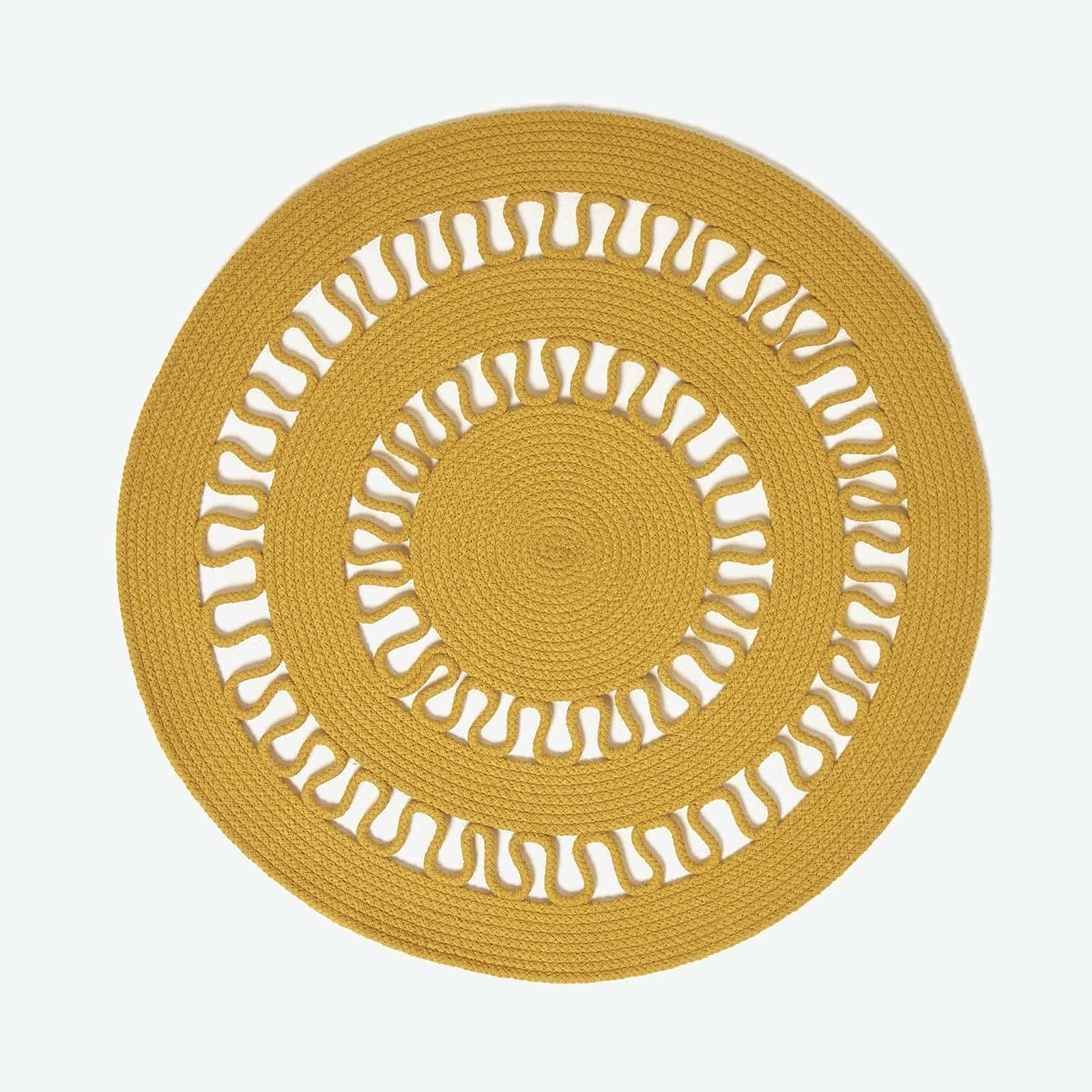 HOMESCAPES Mustard Yellow Crochet Rug Handwoven Cotton Braided Mat Reversible 70 cm Round Rug for Living Room & Bedroom