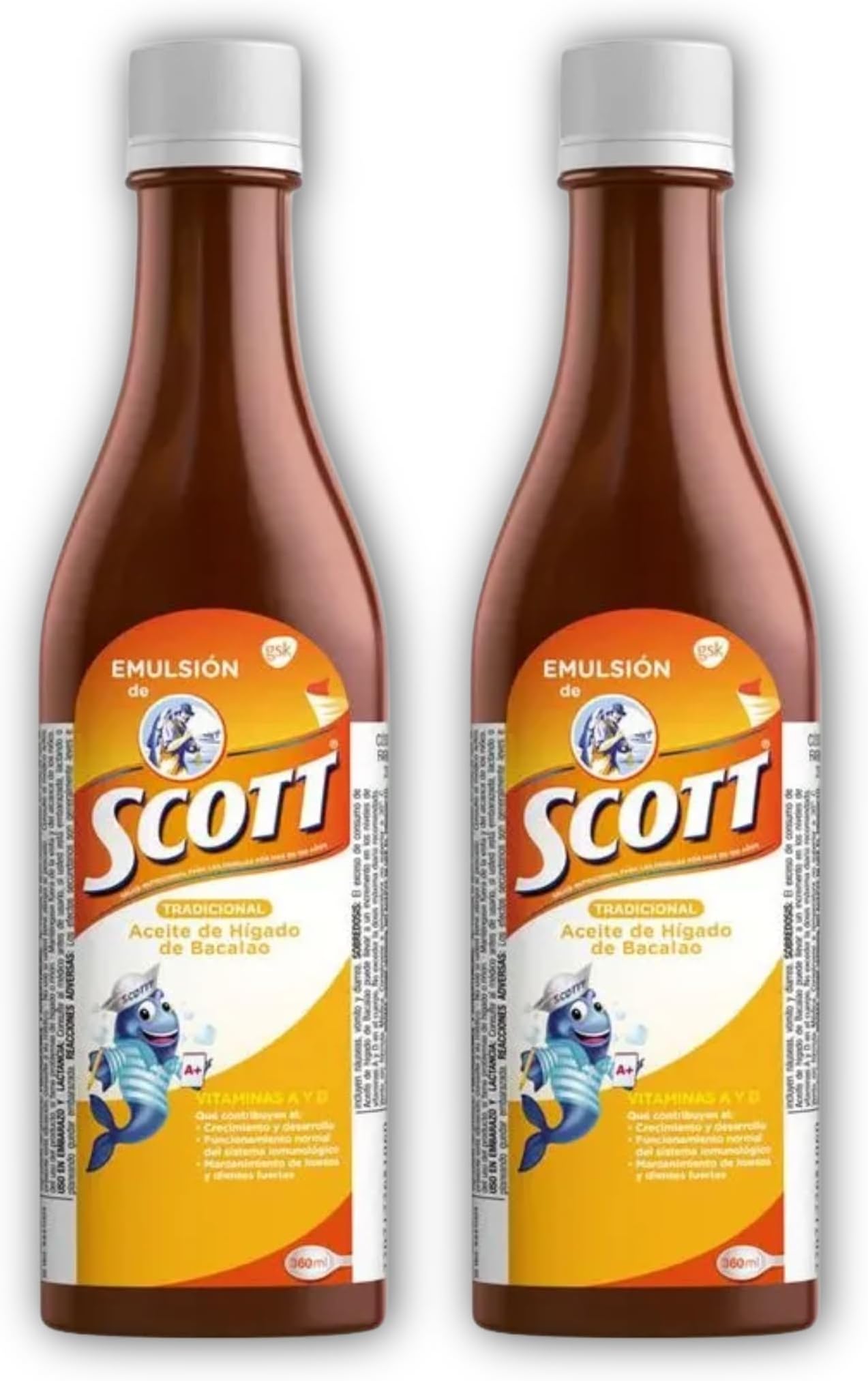 Emulsion de Scott Aceite de hígado de bacalao sabor tradicional Pack de 2 de 6.1 fl oz - 180 ml - con vitamina A y Calcio, suplemento dietético para niños, despensa Colombiana