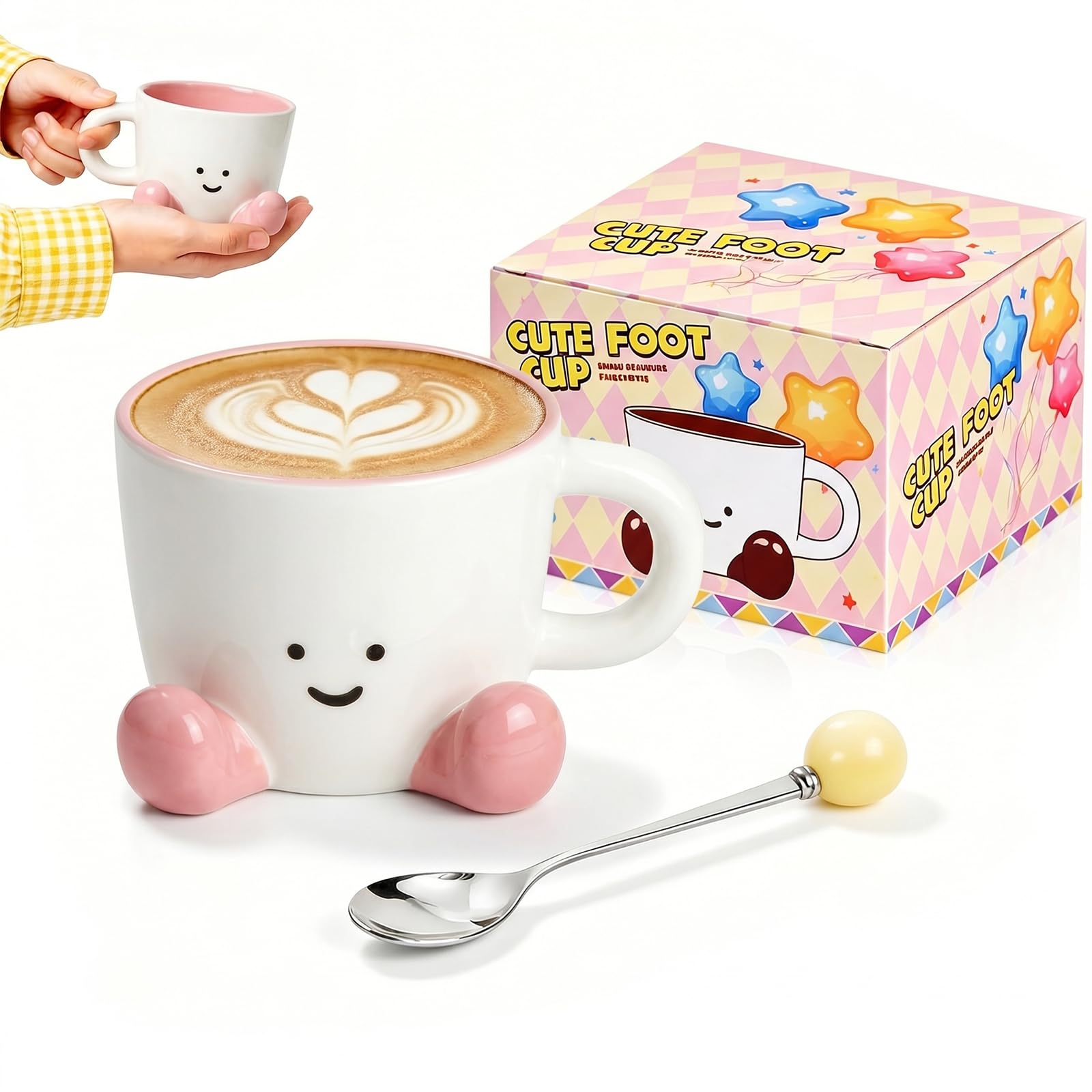 LIRONGTAGE Cute Coffee Mug, 350ml Cute Coffee Mug with Feet, Funny Ceramic Tea Cup with Spoon, Creative Handcrafted Novelty Mug Gift for Women & Men, Art Decoration for Offices Home (Pink Mug)