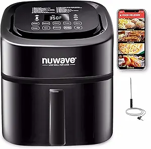 Nuwave Brio 8-Qt Air Fryer, Powerful 1800W, Easy-to-Read Cool White Display, 50°-400°F Temp Controls, 100 Pre-Programmed Presets & 50 Memory Slots, Integrated Smart Thermometer, Linear T Technology