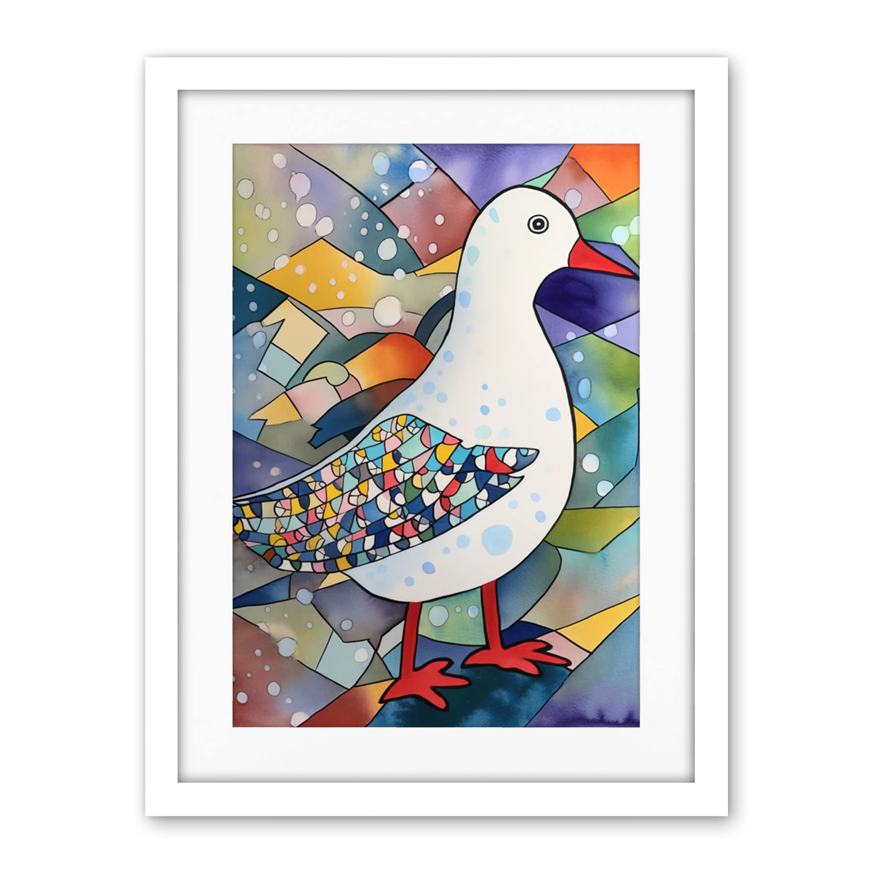 Artery8 Seagull Bird And Snowflakes Folk Art Artwork Framed Wall Art Print 18X24 Inch