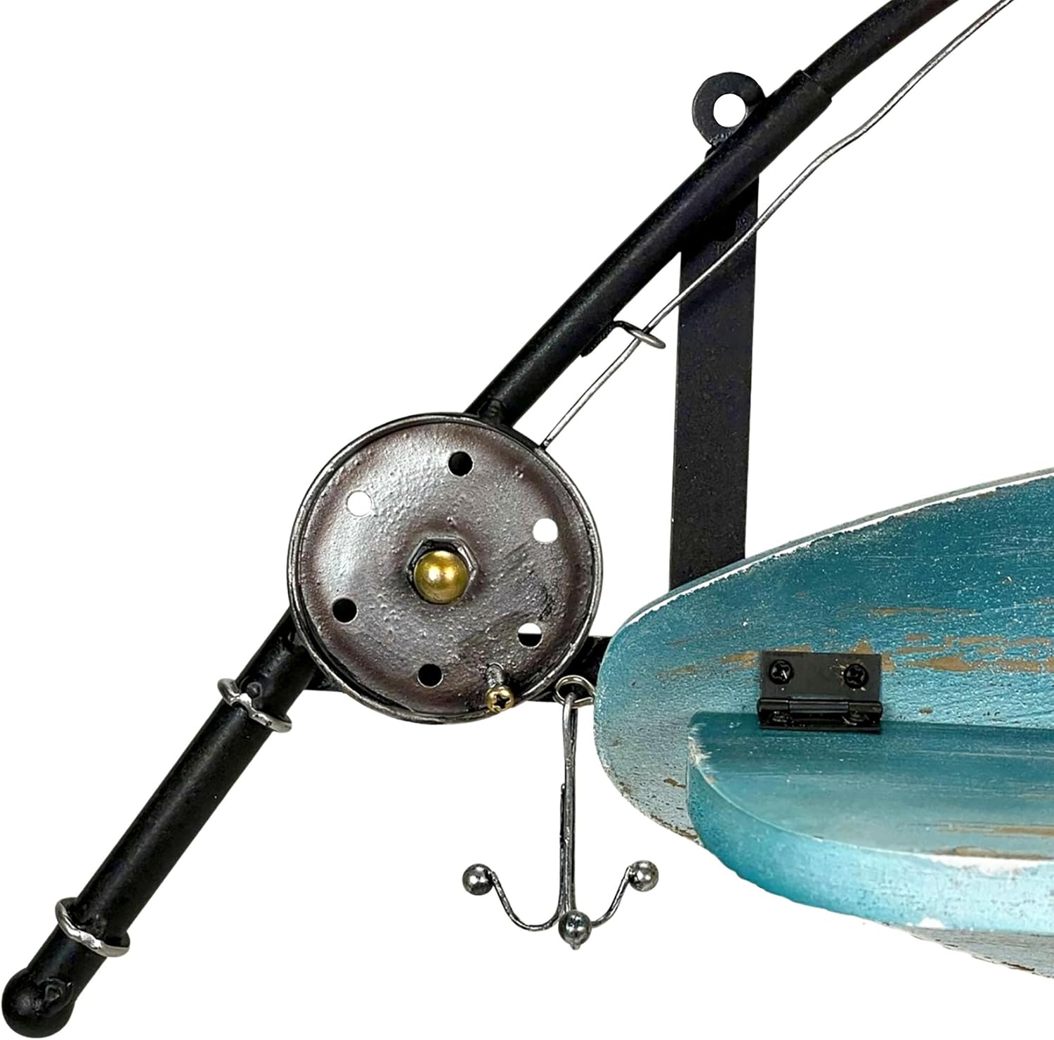 Zeckos Fishing Pole Wall Shelf with Two Wood Lure Shelves, 24 Inch Rustic Metal & Wood Wall Decor, Lake House, Coastal, or Lodge Themed Floating Storage for Entryway, Kitchen, Bathroom, Bedroom
