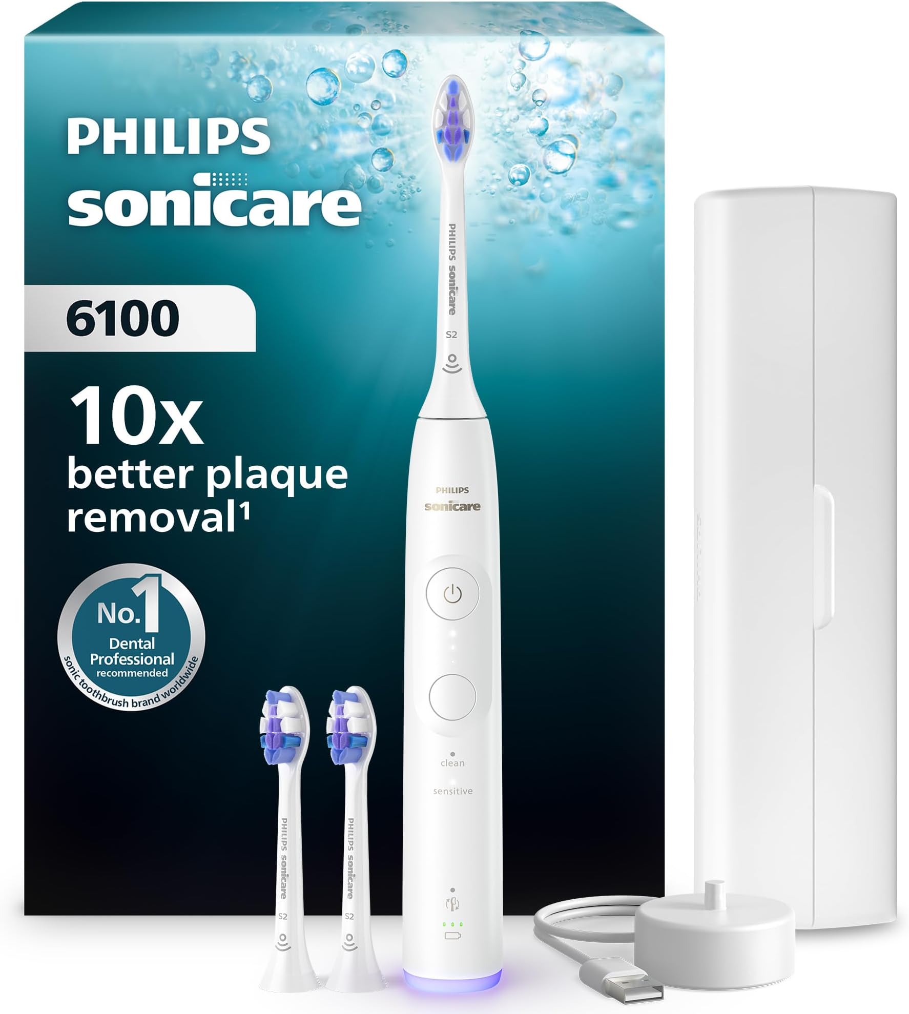 Philips Sonicare 6100 Electric Toothbrush, Sonic Toothbrush with 2 Brushing Modes and 3 Intensity Levels, Pressure Alert, EasyStart, SmarTimer, Travel Case, White, Model HX7400/02 [New Technology]