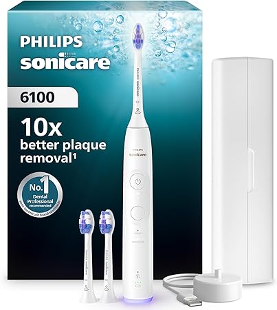 Philips Sonicare 6100 elektrische Zahnbürste, Schallzahnbürste mit 2 Putzmodi, 3 Intensitätsstufen, Andruckkontrolle, EasyStart, SmarTimer, Reiseetui, Weiß, Modell HX7400/02 [Neue Technologie]
