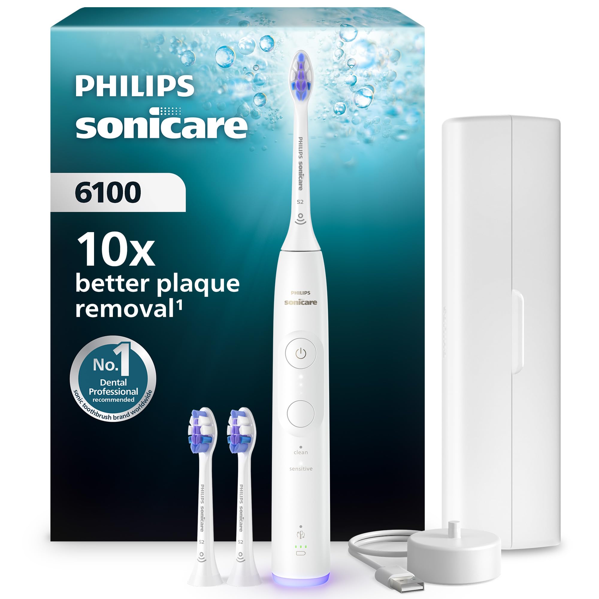Philips Sonicare 6100 Sonic Electric Toothbrush with 2 Brushing Modes, 3 Intensity Levels, Pressure Alert, EasyStart, Travel Set, White, HX7400/02 [New Technology]